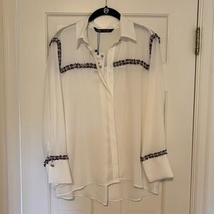 Zara Sheer White Button Down Shirt with Trim